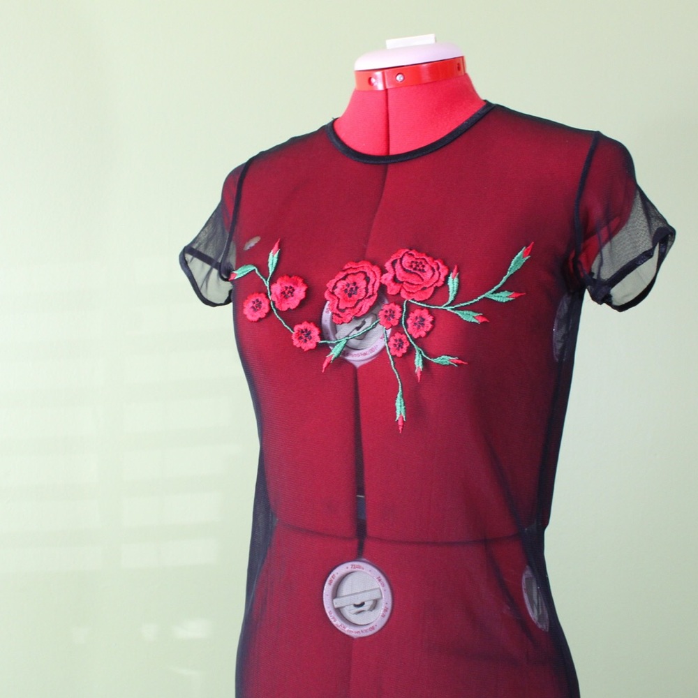 Embroidered Rose, Black Shear Vintage Dress